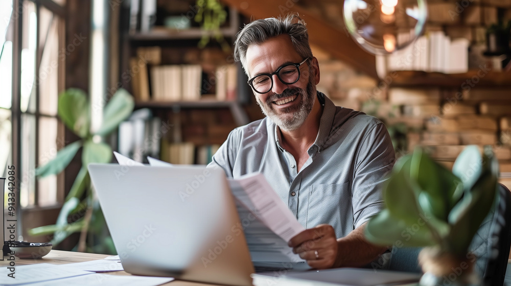Portrait of a smiling businessman in his office. Adult man reading business papers and smiling. Portrait of a smiling businessman in his office. Adult man reading business papers and smiling.