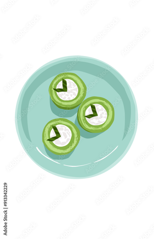 Illustration of Coconut cream cake green on a blue plate Illustration of Coconut cream cake green on a blue plate