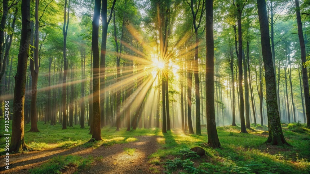 Obraz premium Sunlight shining through trees in a magical forest, nature, sunlight, trees, forest, green, serene, tranquil, mystical, enchanted