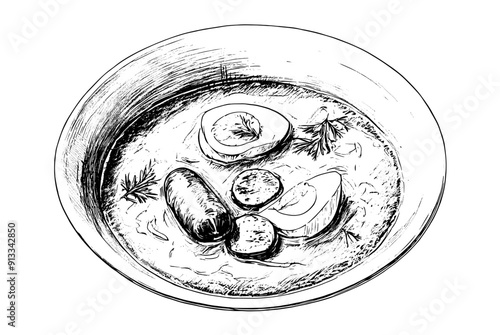 vector sketch of Polish soup żurek on a plate