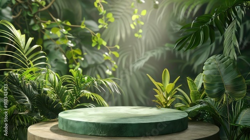 A circular wooden podium sits in the middle of a lush green jungle, surrounded by tropical plants and foliage. The scene is bathed in soft, natural light, creating a serene and inviting atmosphere.