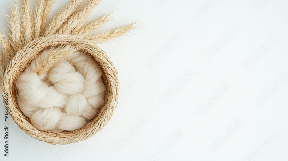 Minimalist composition of a rustic basket with wool elements, isolated on a white background, capturing the natural aesthetic and craftsmanship Minimalist composition of a rustic basket with wool elements, isolated on a white background, capturing the natural aesthetic and craftsmanship
