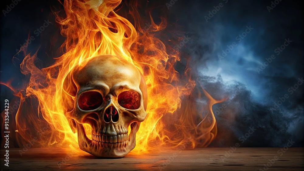 Skull engulfed in flames on a spooky Halloween night, skull, fire, dark, Halloween, night, horror, burning, spooky, eerie, flames Skull engulfed in flames on a spooky Halloween night, skull, fire, dark, Halloween, night, horror, burning, spooky, eerie, flames
