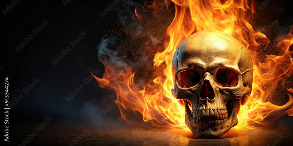 Skull engulfed in flames on a spooky Halloween night, Halloween, fire, burned, dark, skull, scary, creepy, macabre, holiday, celebration Skull engulfed in flames on a spooky Halloween night, Halloween, fire, burned, dark, skull, scary, creepy, macabre, holiday, celebration