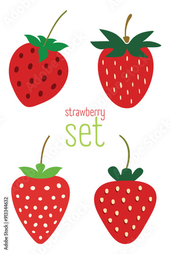 Set of Strawberries with leaves. Flat Vector illustration, Perfect for Posters, Cards and Patterns