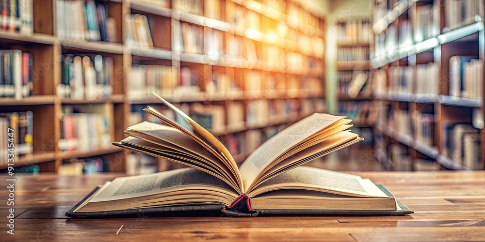 Fototapeta premium Closeup of open book on wooden table in library, book, library, education, reading, studying, literature, closeup, detail