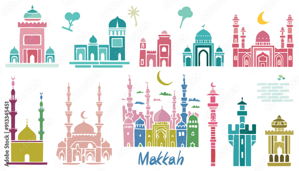 Colorful Islamic Mosque Architecture Icons: Mosques and Landmarks of Islamic Lands Set Colorful Islamic Mosque Architecture Icons: Mosques and Landmarks of Islamic Lands Set