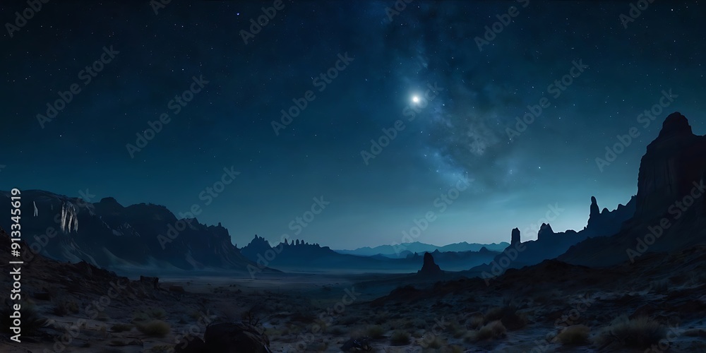 Panoramic digital artwork depicting a vast, alien landscape under a starry night sky 