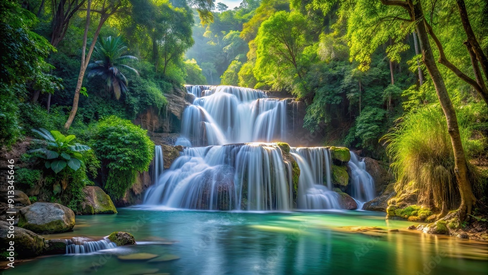 Serene waterfall surrounded by lush jungle vegetation in Northern Thailand, waterfall, jungle, Northern Thailand, serene Serene waterfall surrounded by lush jungle vegetation in Northern Thailand, waterfall, jungle, Northern Thailand, serene