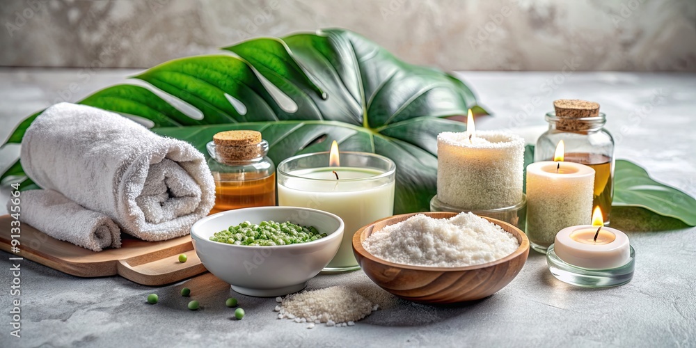 Composition of cosmetic alginate facial mask, aroma oil, epsom salt, candles, and terry towels on a terazzo table, spa Composition of cosmetic alginate facial mask, aroma oil, epsom salt, candles, and terry towels on a terazzo table, spa