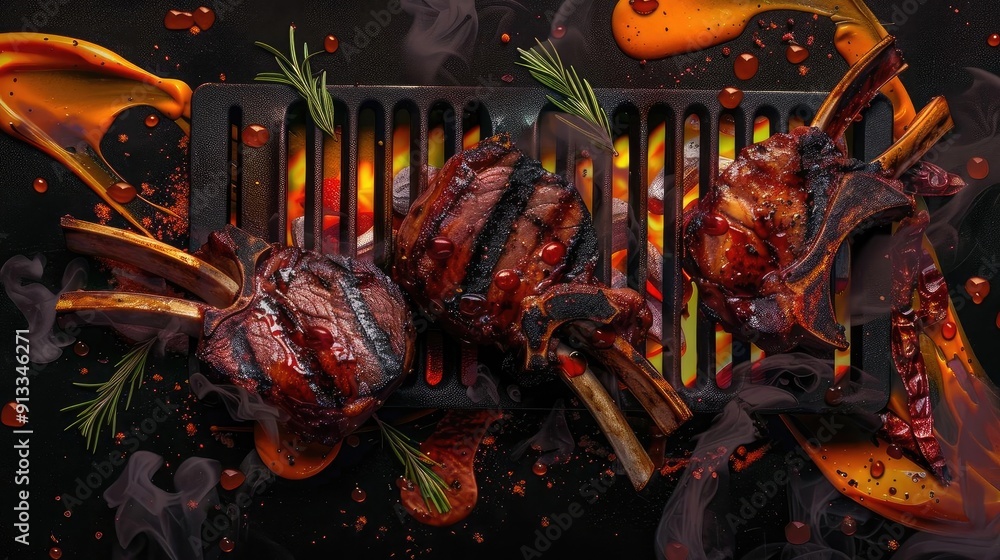 Delicious grilled meat with smoky flavor, garnished with herbs, perfect for barbecue lovers and food enthusiasts. Delicious grilled meat with smoky flavor, garnished with herbs, perfect for barbecue lovers and food enthusiasts.