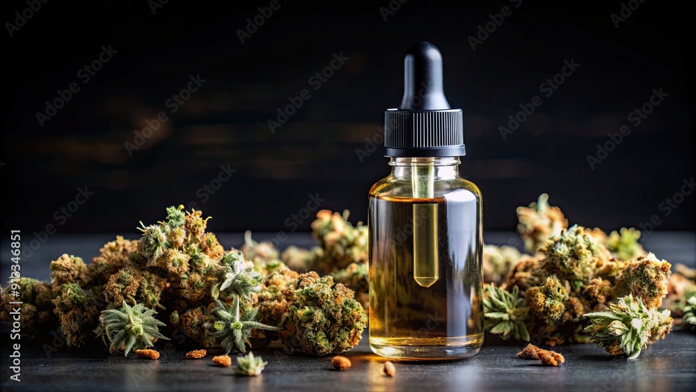 Small glass bottle and pipette filled with cannabis oil with dry marijuana flowers around on black background Small glass bottle and pipette filled with cannabis oil with dry marijuana flowers around on black background