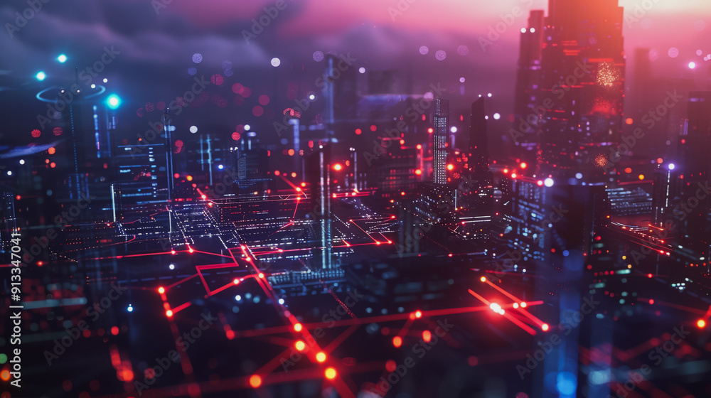 Obraz premium Smart digital Innovation city with connection network reciprocity over the cityscape .Concept of future smart wireless digital city and social media networking systems that people within the city