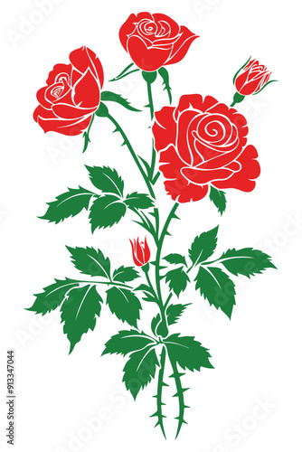 Elegant red roses with lush green leaves, Colorful Silhouette