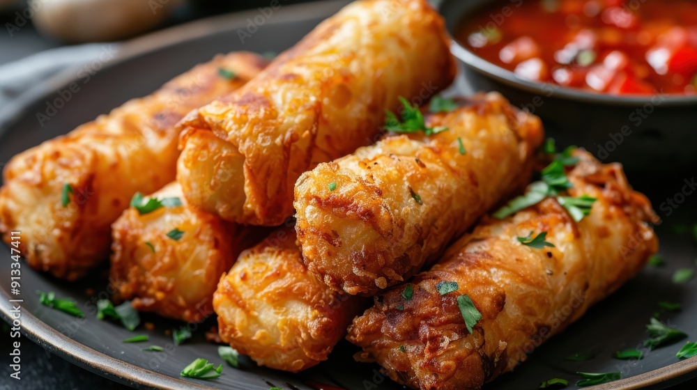 Crispy Fried春卷 With Dipping Sauce on a Black Plate Crispy Fried春卷 With Dipping Sauce on a Black Plate