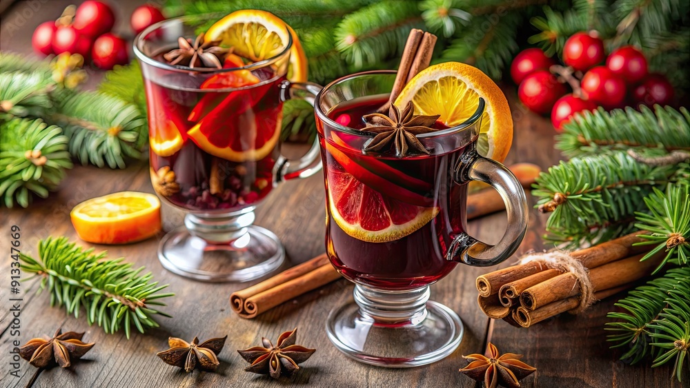 Warm spiced mulled wine served in festive Christmas glasses with cinnamon sticks and citrus slices , mulled wine, Christmas Warm spiced mulled wine served in festive Christmas glasses with cinnamon sticks and citrus slices , mulled wine, Christmas
