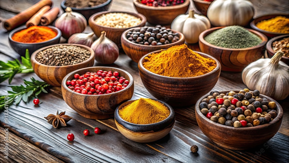 Fototapeta premium Wooden bowls filled with turmeric, garlic, and peppercorns on a tabletop , turmeric, garlic, peppercorns, wooden bowls