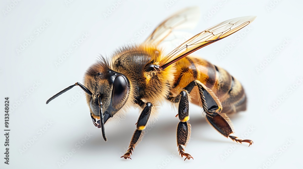Close-up of a honey bee with detailed texture on a white background, showcasing the beauty of this essential pollinator in nature.