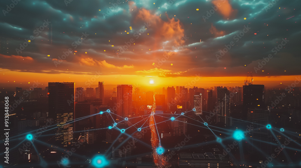 Fototapeta premium Smart digital Innovation city with connection network reciprocity over the cityscape .Concept of future smart wireless digital city and social media networking systems that people within the city