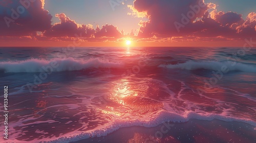 Stunning Sunset Over Calm Ocean Waves Reflects Vibrant Colors at Dusk