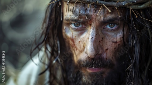 Close-up of a person portraying Jesus Christ wearing a crown of thorns with a focused, intense expression and dirt on their face. photo