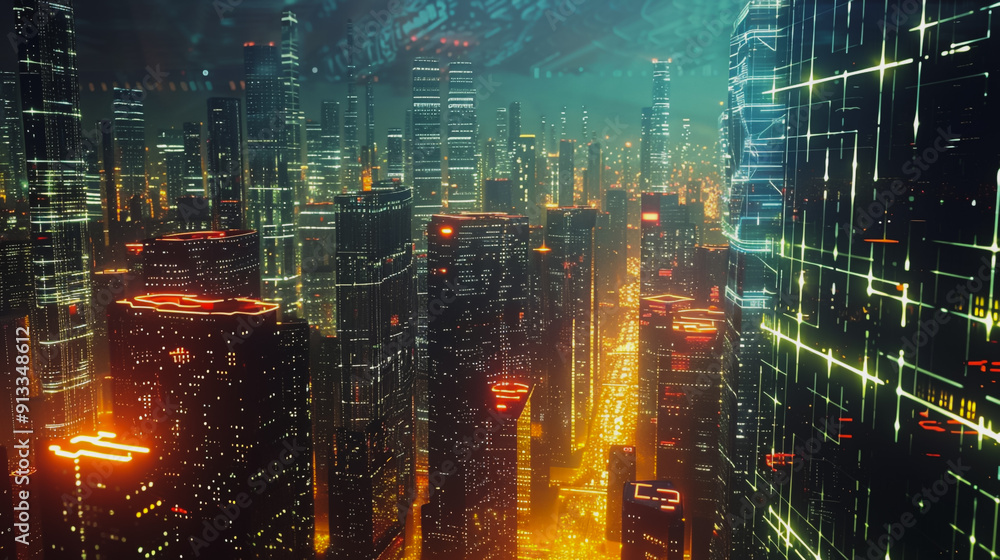 Obraz premium Smart digital Innovation city with connection network reciprocity over the cityscape .Concept of future smart wireless digital city and social media networking systems that people within the city