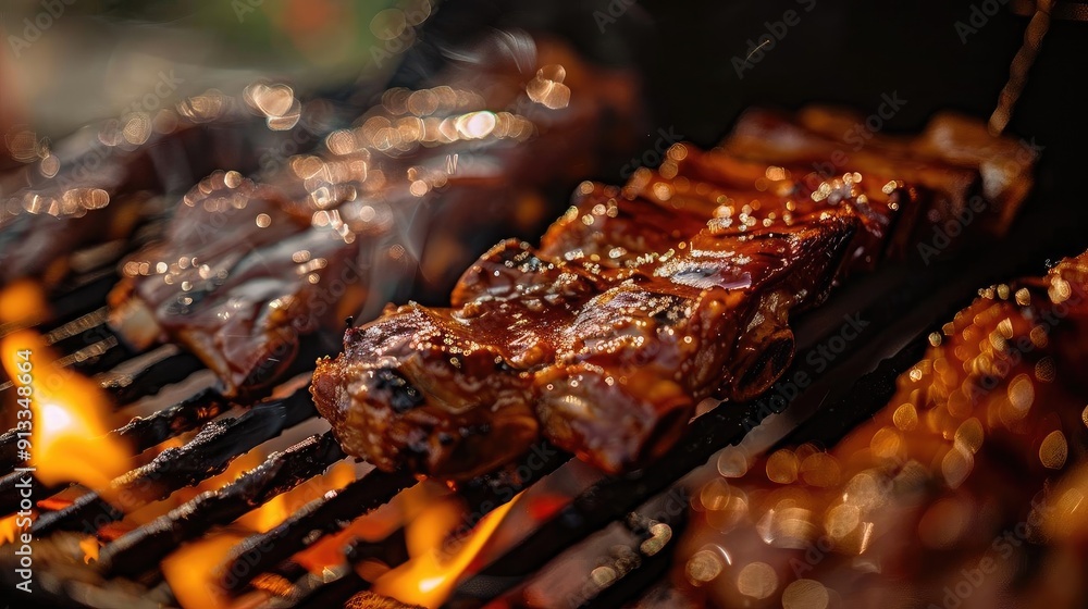 Delicious ribs grilling over an open flame, coated in savory sauce, creating a mouthwatering barbecue experience. Delicious ribs grilling over an open flame, coated in savory sauce, creating a mouthwatering barbecue experience.