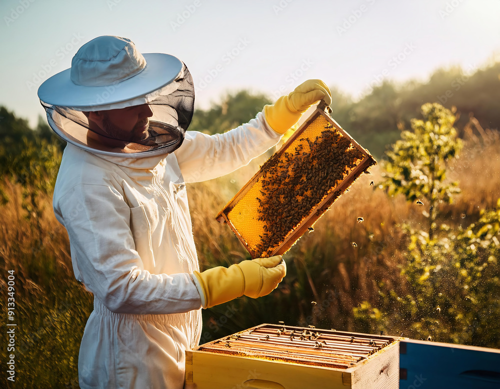 male beekeeper in protective costume and gloves examining honeycomb with bees male beekeeper in protective costume and gloves examining honeycomb with bees