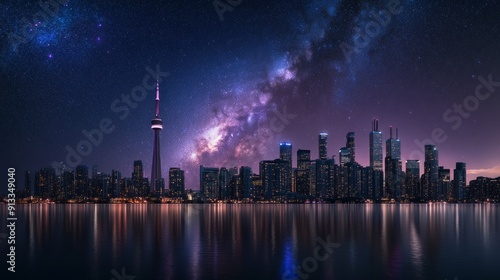 At night, the bustling city skyline is lit up with towering skyscrapers and twinkling city lights reflecting on the nearby river. It shows dazzling stars and cosmic dust in vivid blue and purple color