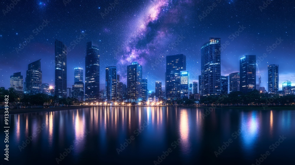 Fototapeta premium At night, the bustling city skyline is lit up with towering skyscrapers and twinkling city lights reflecting on the nearby river. It shows dazzling stars and cosmic dust in vivid blue and purple color