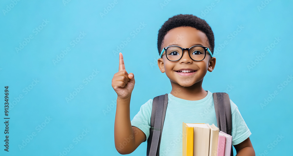African American boy happy about his return to school pointing with his finger on a blue background - copy space African American boy happy about his return to school pointing with his finger on a blue background - copy space