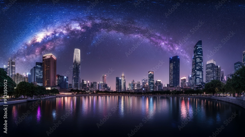 At night, the bustling city skyline is lit up with towering skyscrapers and twinkling city lights reflecting on the nearby river. It shows dazzling stars and cosmic dust in vivid blue and purple color At night, the bustling city skyline is lit up with towering skyscrapers and twinkling city lights reflecting on the nearby river. It shows dazzling stars and cosmic dust in vivid blue and purple color
