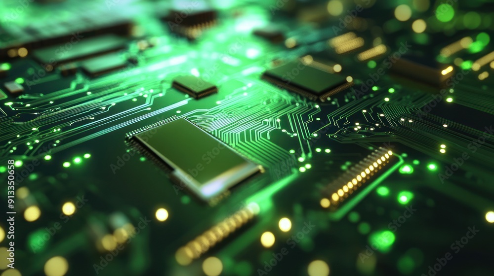 Green Circuit Board with Glowing Lines Green Circuit Board with Glowing Lines