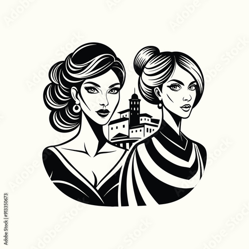 Two beautiful women and a boy, a loving couple illustration in black and white fashion