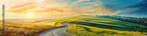 Sunlit winding road in picturesque countryside with vibrant blue sky and green landscape Ideal portrayal of travel freedom and exploration