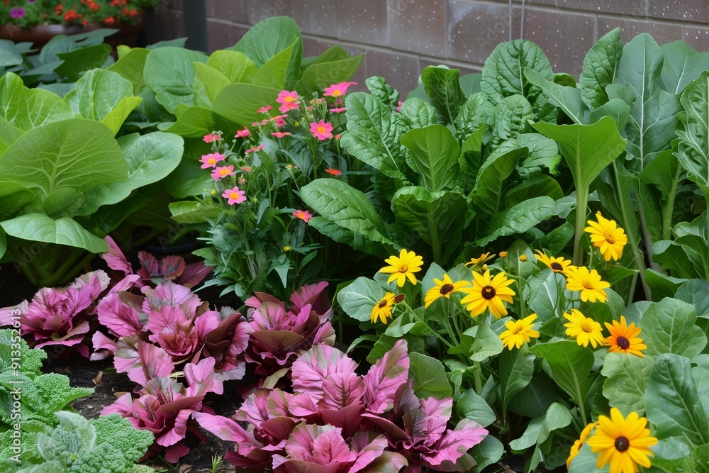 Vibrant Garden Display Featuring Colorful Flowers and Fresh Green Vegetables in Full Bloom Vibrant Garden Display Featuring Colorful Flowers and Fresh Green Vegetables in Full Bloom