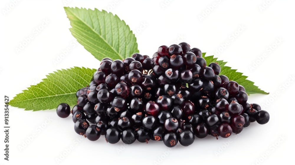 Elderberries with leaves, both whole and halved, meticulously arranged on a white background. Highlighting the contrast between the berries and the greenery Elderberries with leaves, both whole and halved, meticulously arranged on a white background. Highlighting the contrast between the berries and the greenery