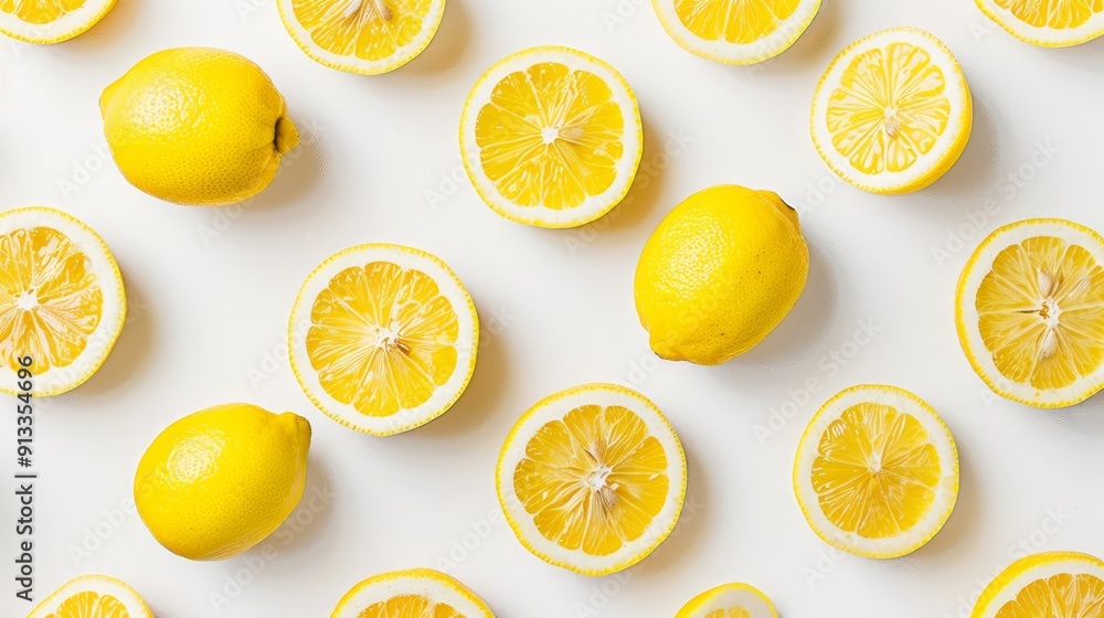 Fresh lemon halves and slices artfully arranged on a pristine white background, highlighting the vibrant yellow and juicy texture Fresh lemon halves and slices artfully arranged on a pristine white background, highlighting the vibrant yellow and juicy texture