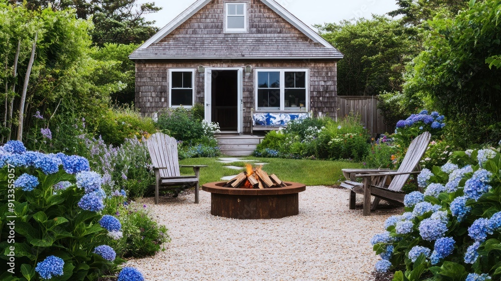 Obraz premium Charming Cottage Backyard with Fire Pit