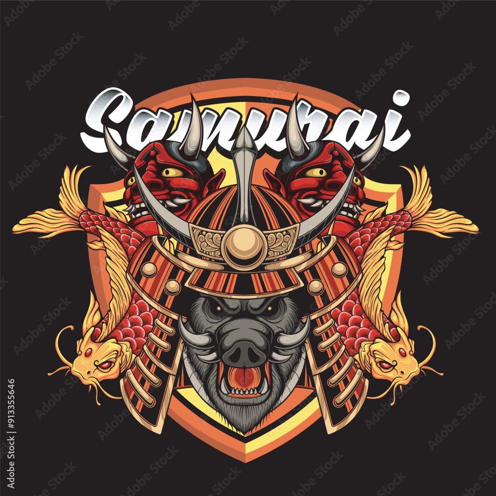 Obraz premium Vector Illustration of Hog Samurai with Ronin Mask and Koi Fish in Vintage Illustration Available for Tshirt Design