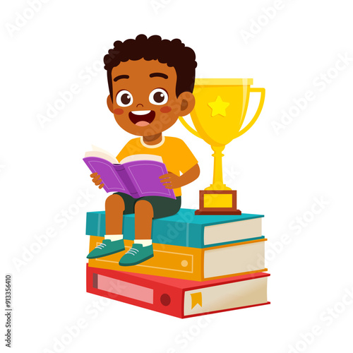 little kid read book and feel happy