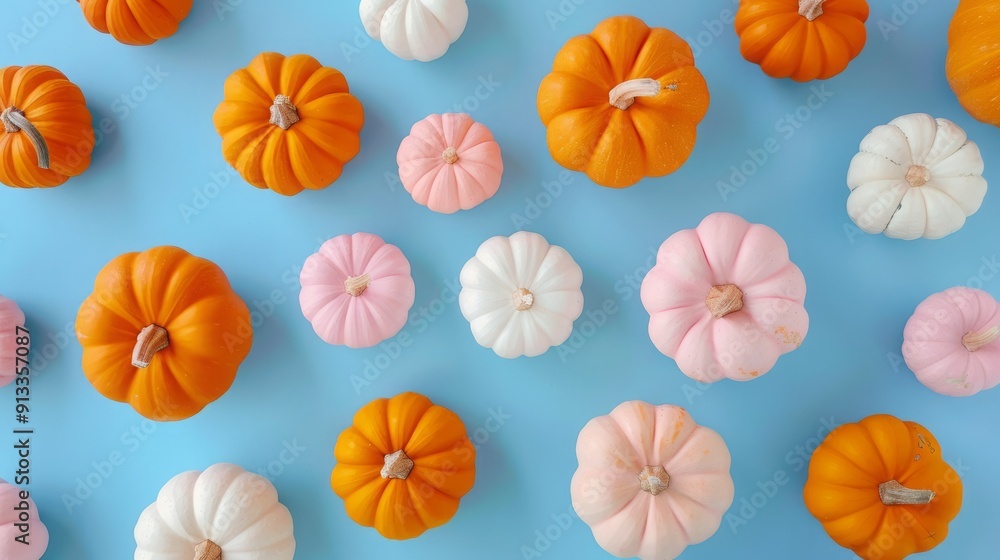 A flat lay of orange, pink, and white pumpkins on a blue background. Perfect for Fall or Halloween decor. A flat lay of orange, pink, and white pumpkins on a blue background. Perfect for Fall or Halloween decor.