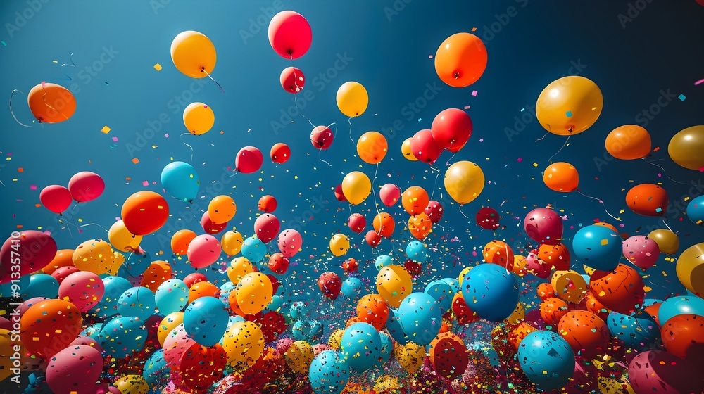 Playful and Colorful Balloons Floating in a Clear Blue Sky,Celebrating a Festive and Joyful Atmosphere Playful and Colorful Balloons Floating in a Clear Blue Sky,Celebrating a Festive and Joyful Atmosphere