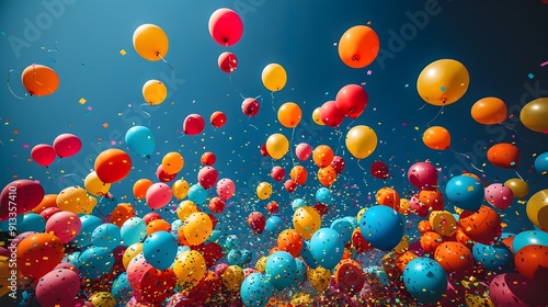 Playful and Colorful Balloons Floating in a Clear Blue Sky,Celebrating a Festive and Joyful Atmosphere