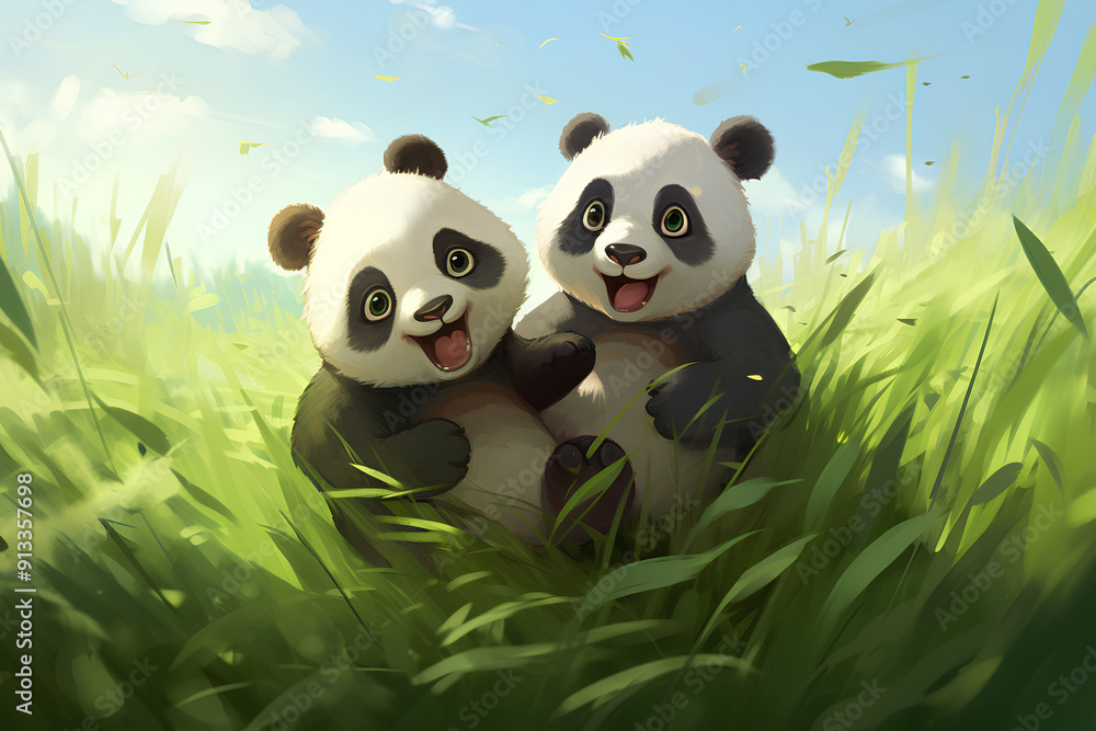 A couple playfully panda roll down a grassy hill, leaves flutter around them, cute, adorable, cartoon, anime art A couple playfully panda roll down a grassy hill, leaves flutter around them, cute, adorable, cartoon, anime art