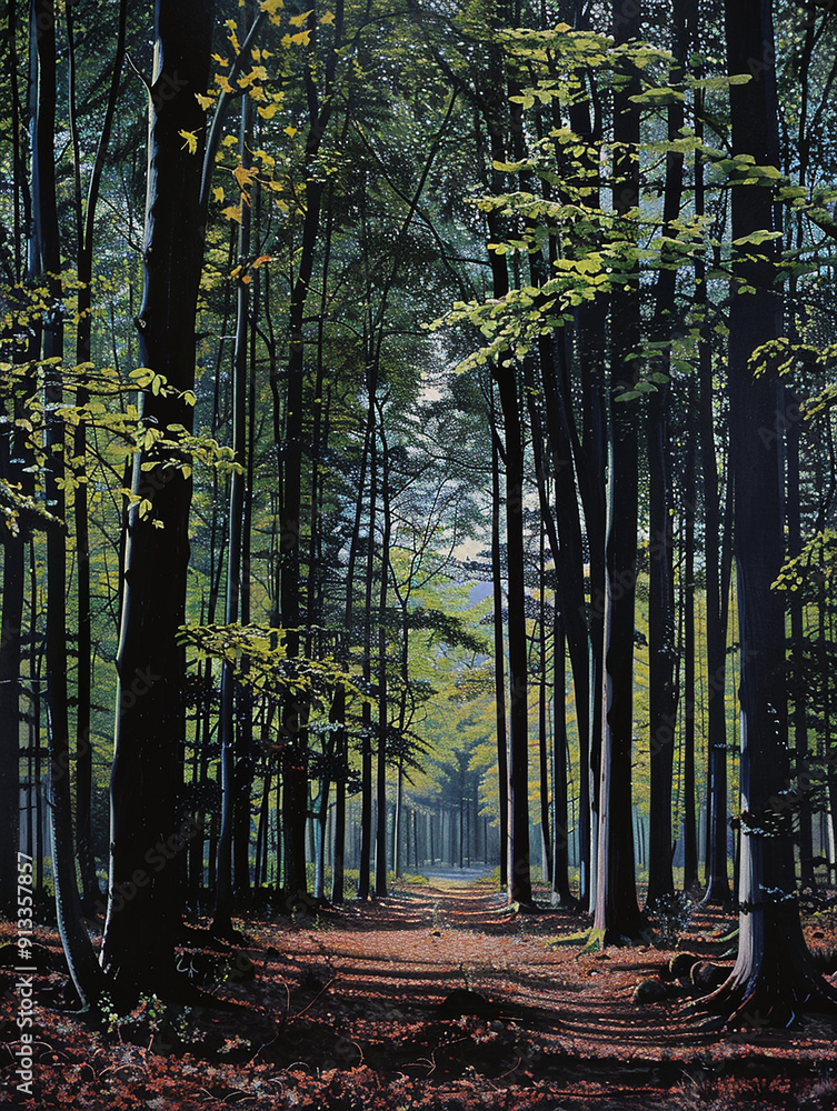 Fototapeta premium Beautiful view of the autumn forest in the morning. The leaves have turned yellow and red. digital landscape illustration