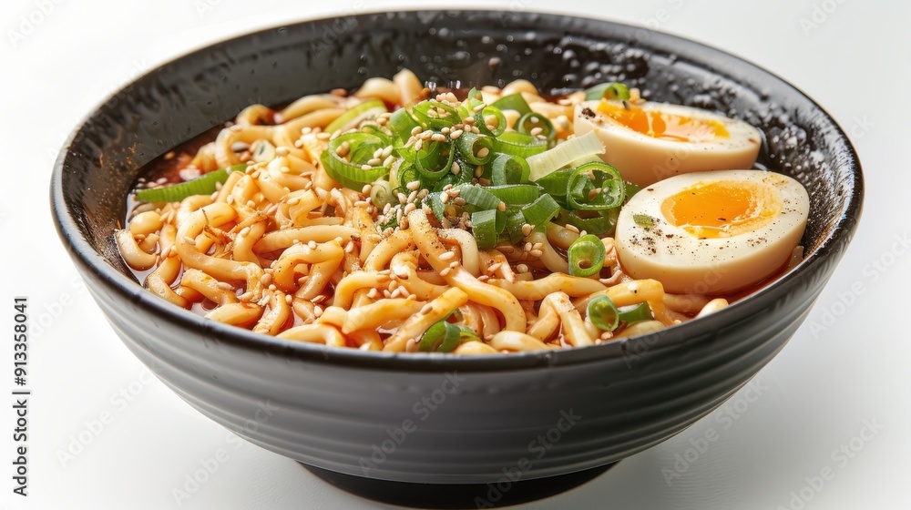Delicious Ramen Bowl With Soft Boiled Eggs and Green Onions Delicious Ramen Bowl With Soft Boiled Eggs and Green Onions