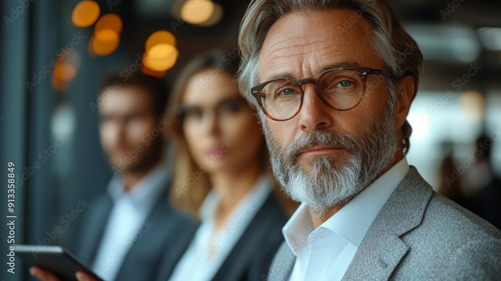 Busy mature old business executives stand in the office using digital tablets. Middle-aged professional businessman, company manager, wearing a suit, wearing glasses, holding a tablet computer, workin Busy mature old business executives stand in the office using digital tablets. Middle-aged professional businessman, company manager, wearing a suit, wearing glasses, holding a tablet computer, workin