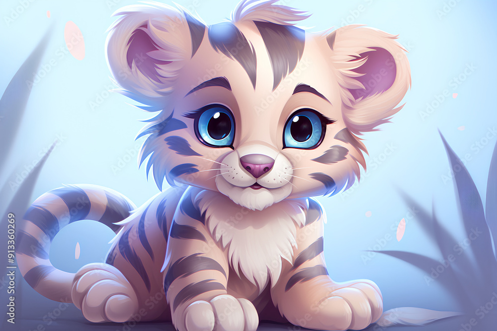 A cute and adorable baby tiger, in pastel color, cartoon style, anime art, animal design A cute and adorable baby tiger, in pastel color, cartoon style, anime art, animal design