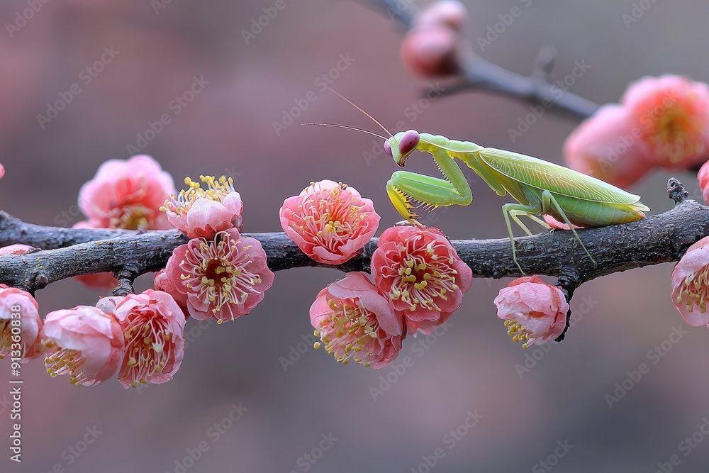 Praying Mantis on a Branch of Pink Flowers Praying Mantis on a Branch of Pink Flowers